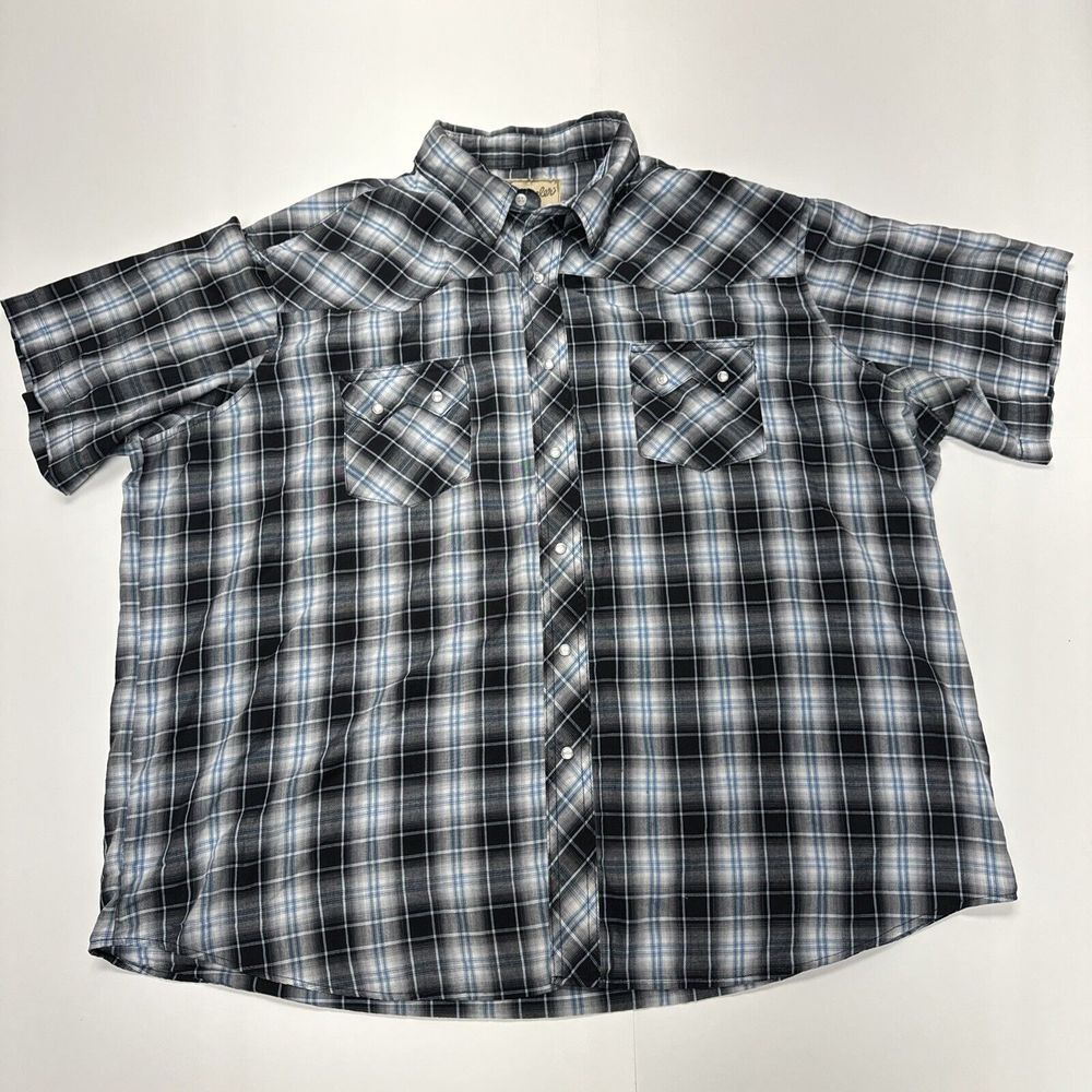 Wrangler‎ Mens Western Pearl Snap Blue/Black/Gray Plaid Shirt